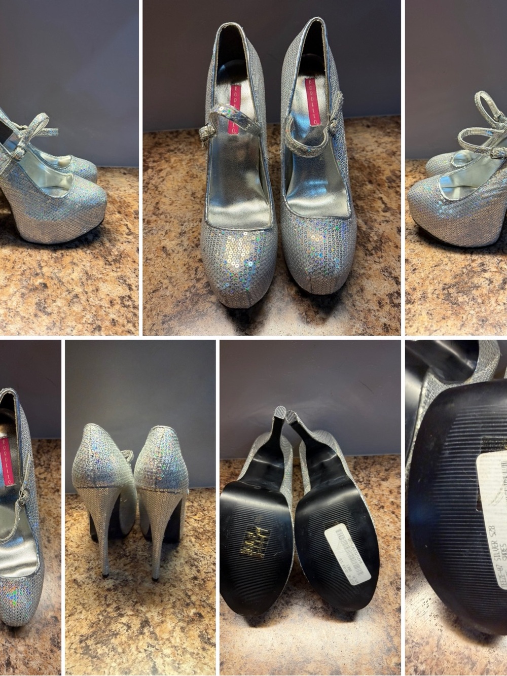 Bordello Teeze-07 Silver Sequin Platform Mary Jane Heels - Women